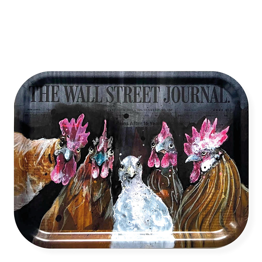 LISA TÖRNER ART – Bricka Roosters of Wall Street 33×43 cm Svart