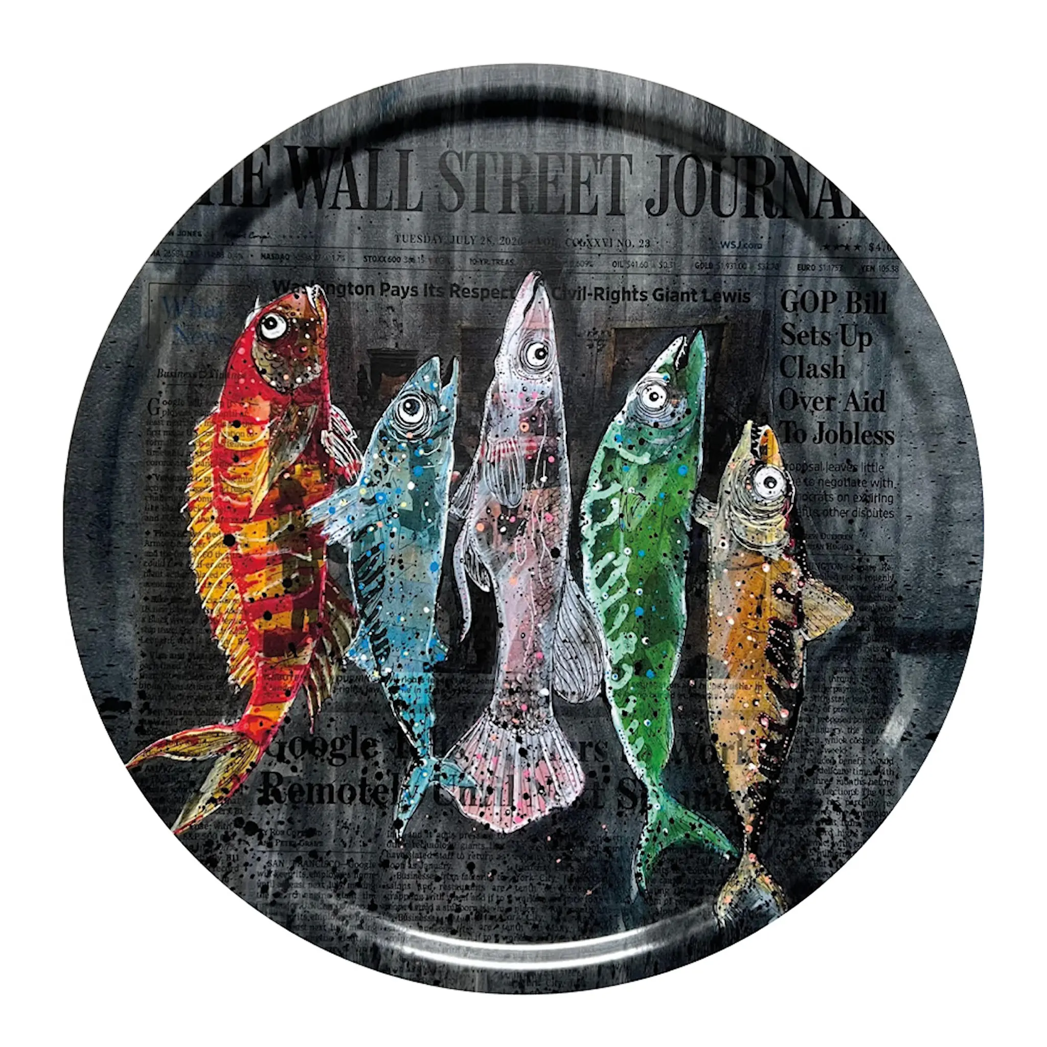 LISA TÖRNER ART Bordbrikke Rund Biggest Fish of Wall street 49 cm svart