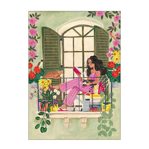 Caroline Bonne Müller poster 30x40 cm woman reads on balcony with cats