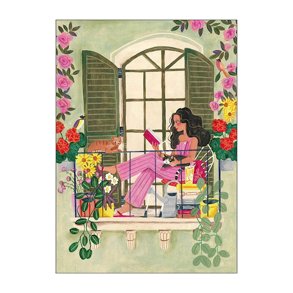 Caroline Bonne Müller poster 50x70 cm woman reads on balcony with cats