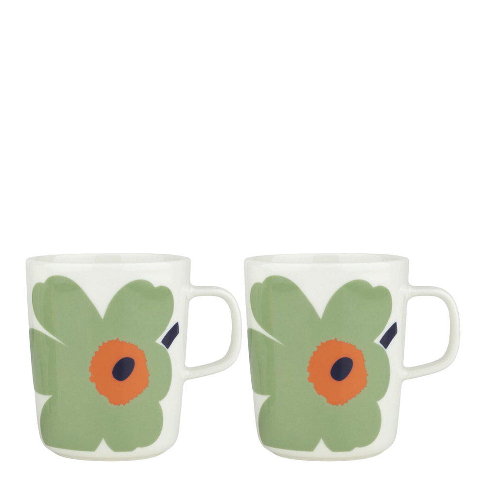 Marimekko – Oiva Unikko mugg 25 cl 2-pack vit/salvia/orange/mörkblå