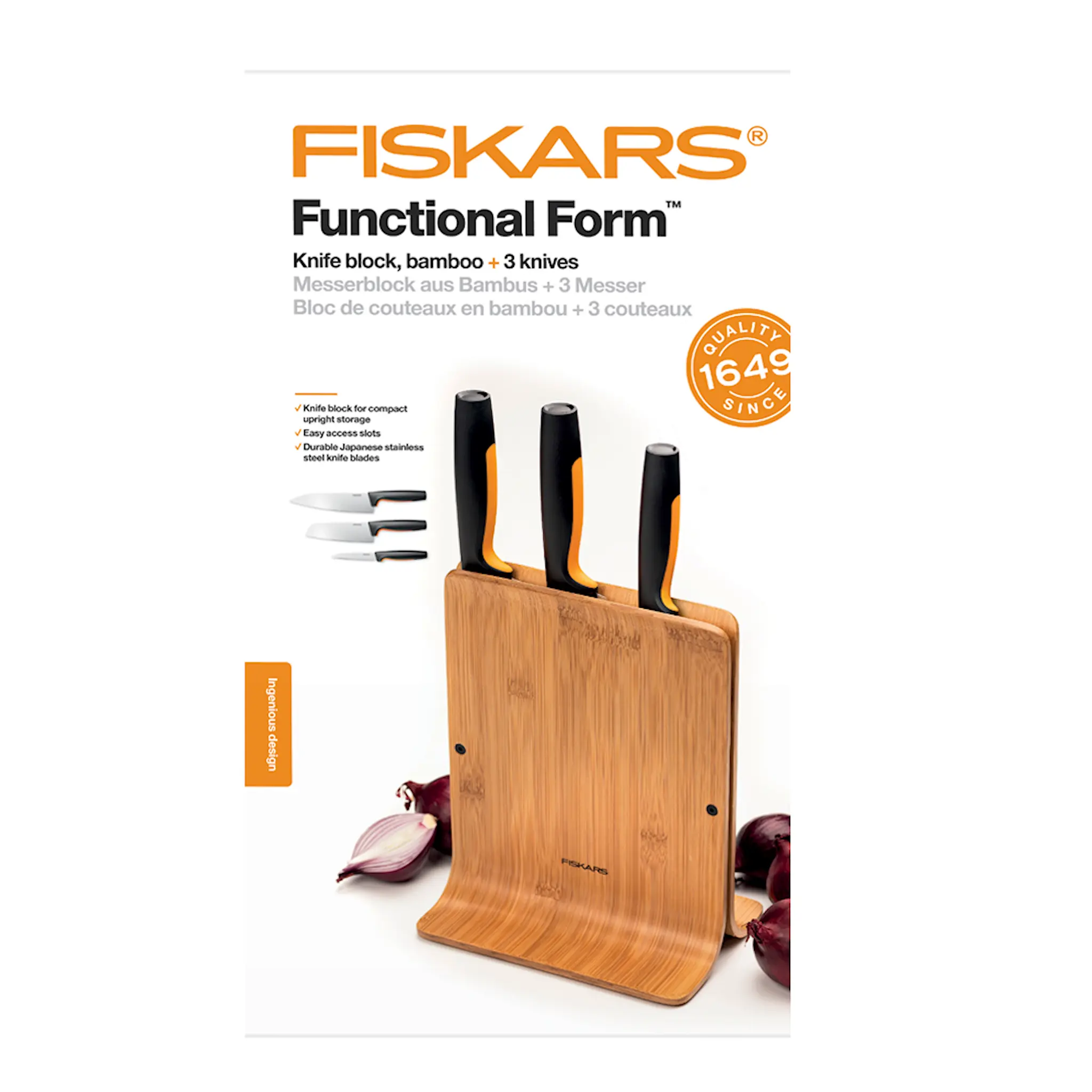 Fiskars Functional form knivblokk med 3 kniver bambus
