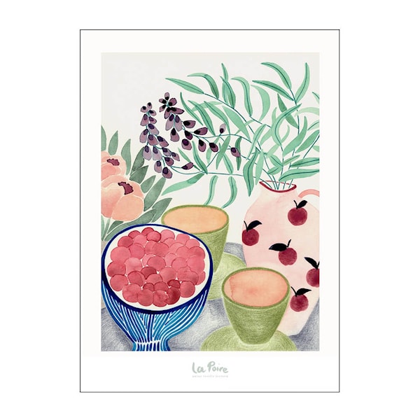 La Poire poster 50x70 cm still life with tea and grapes