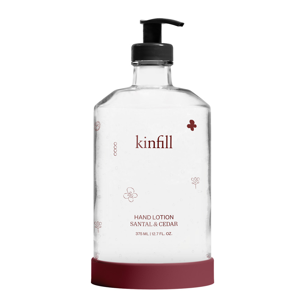 Kinfill – Handkräm med glasdispenser 375 ml santal & cedar