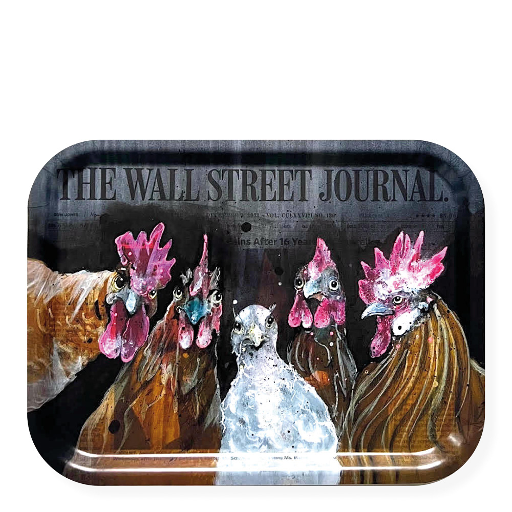 LISA TÖRNER ART – Bricka Roosters of Wall Street 28×36 cm Svart