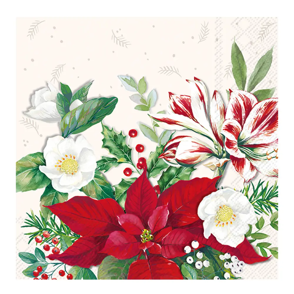 Serviett Christmas Florals 33x33 cm 20 stk hvit/rød